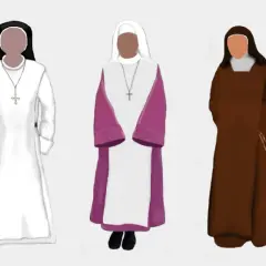Fünf Nonnen in unterschiedlichen Gewändern, eine Darstellung der Vielfalt katholischer Orden.