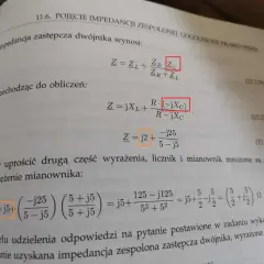 Obliczenia impedancji zespolonej dwójnika, pokazujące przekształcenia wzorów i upraszczanie wyrażeń.