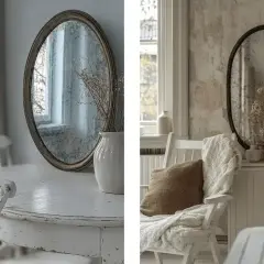 Inspiracja: jak zrobic rame do lustra. Dwa ujęcia antycznych luster w ozdobnych ramach, w rustykalnych wnętrzach.
