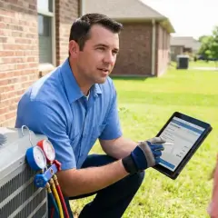 Technicien expliquant le tarif dépannage climatisation sur une tablette à un client, près d'une unité extérieure.
