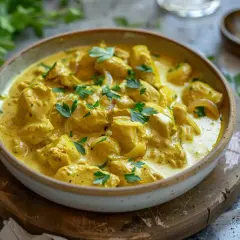 En krämig kyckling curry med bitar av kyckling och lök, toppad med färsk persilja. En härlig rätt som doftar av exotiska kryddor.