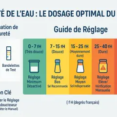Guide de réglage du sel pour l'eau dure ou douce, avec des indications pour différents niveaux de dureté de l'eau (fH).