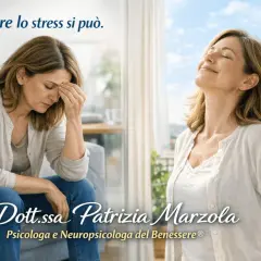 Donna stressata sul divano e poi serena, con la frase "Superare lo stress si può". Aiuto per la gestione dello stress lavorativo.
