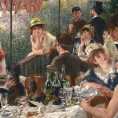 Obiad u Renoir'a, w muzeum impresjonistów w Paryżu. Ludzie w letnich strojach, z psem, przy stole z winem i owocami.