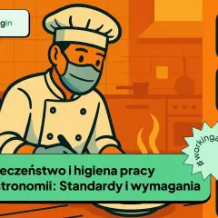 Szef kuchni w masce i pracownica sprzątająca ilustrują obowiązki pracodawcy w zakresie BHP w gastronomii.