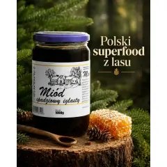 Słoik ciemnego miodu spadziowego iglastego, polskiego superfood z lasu, obok plastra miodu i sosnowych szyszek.