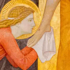 Maria aus Magdala, mit goldenem Heiligenschein, wäscht die Füße Jesu mit ihren Haaren.