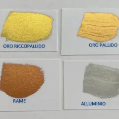 Campioni di vernice metallizzata: oro ricco, oro riccopallido, oro pallido, zecchino, ducato, rame e alluminio.