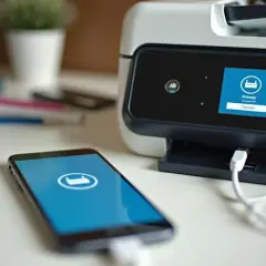 Smartfon podłączony do drukarki kablem USB. Ekran telefonu i drukarki wyświetla ikonę drukarki, sugerując, jak wydrukować zdjęcie z telefonu.