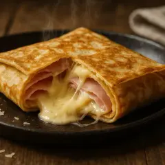Crêpe garnie de jambon et de fromage fondant, dégageant une vapeur appétissante. Un délice simple et réconfortant.