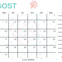 Calendario de agosto con diseño de burbujas y temática marina. Incluye espacio para notas.