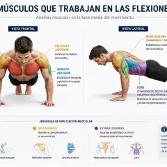 Análisis muscular de los músculos que trabajan en un push up, mostrando vista frontal y lateral, con énfasis en el pectoral mayor y tríceps.