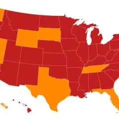 Map of the US showing states with no state tax in orange: Alaska, Florida, Nevada, New Hampshire, South Dakota, Tennessee, Texas, Washington, Wyoming.