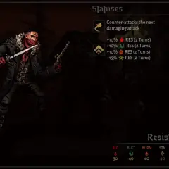 Dismas, postać z gry Darkest Dungeon 2, gotowy do walki z sztyletem i pistoletem.