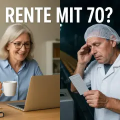 Zwei Szenen: Eine lächelnde Frau am Laptop, die über Rente mit 70 nachdenkt. Daneben ein gestresster Mann in Arbeitskleidung, der die Zukunft mit Sorge betrachtet.
