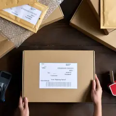 Ręce trzymają paczkę z etykietą "Free Shipping Parcel". Obok skaner, taśma klejąca i inne kartony, gotowe do wysyłki. To idealny przykład, jak działają pkp intercity przesyłki konduktorskie.