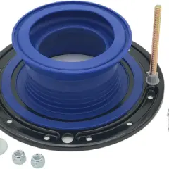 A toilet flange kit with a blue rubber seal, mounting bolts, screws, and nuts, essential for learning how to replace a toilet flange.