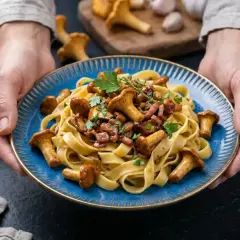 Pyszny makaron tagliatelle z kurkami i kawałkami boczku, udekorowany natką pietruszki. Danie podane na niebieskim talerzu.