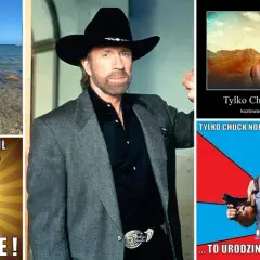 Chuck Norris, strażnik Teksasu, w różnych memach. Na jednym robi pompki, na innym kozłuje piłkę lekarską.