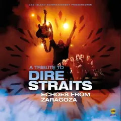 Koncertowa okładka "A Tribute to Dire Straits: Echoes from Zaragoza". Wokalista z gitarą uniesioną ku górze, zespół w tle. Pamięć o legendzie Dire Straits.