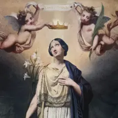 Św. Filomena w potrzebie, z liliami i koroną od aniołów.