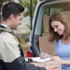 Kobieta podpisuje dokumenty dotyczące zwrotów w Leroy Merlin, odbierając paczkę od kuriera przy samochodzie dostawczym.