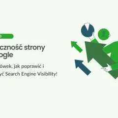 Człowiek z zielonymi strzałkami i wykresami, symbolizującymi wzrost, oraz tekst o widoczności strony w Google i seo skrót.