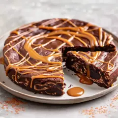 En saftig kladdkaka med ett härligt mönster, toppad med en generös glasyr av dulce de leche.