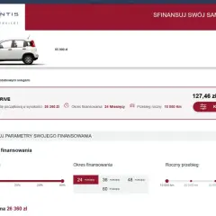 Strona z ofertą finansowania samochodu Fiat. Widoczny biały Fiat Panda, cena 65 900 zł, miesięczna rata 127,46 zł. Możliwość dostosowania parametrów finansowania.
