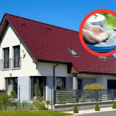 Dom z czerwonym dachem i wstawką z dłońmi czerpiącymi wodę z beczki. To wizualizacja programu "Moja woda".
