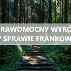 Kamienne schody w lesie, z napisem "Prawomocny wyrok w sprawie frankowej". Po długiej drodze, kiedy wyrok jest prawomocny po apelacji, można odetchnąć.