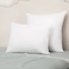 Two white pillows on a bed. The front pillow is a euro sham, while the larger one behind it is a standard sham, showcasing their size difference.