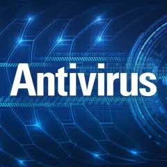 Niebieskie tło z cyfrowym wzorem, napisem "Antivirus" i ikoną kłódki.
