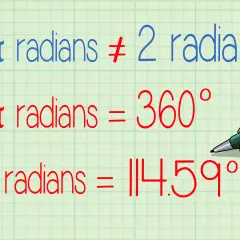 Rysunek pokazuje, że 2π radianów to pełny kąt, czyli 360°, a 2 radiany to 114,59°.