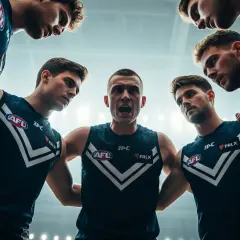 Drużyna w ciemnogranatowych koszulkach koszykarskich z białymi V-kształtnymi wstawkami, zebrana w kółku, słucha motywującego przemówienia.