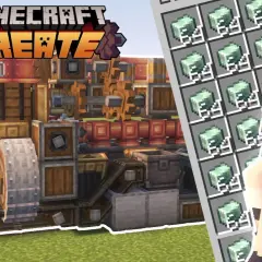 Złożona maszyna z Minecraft Create mod, pełna zębatek i skrzyń, obok postaci z gry i stosu zielonych przedmiotów.