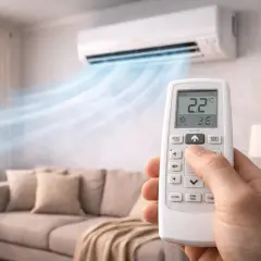 Main tenant ajuste le réglage température clim Daikin avec la télécommande pour un confort optimal dans le salon.