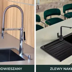 Nowoczesny zlew podwieszany w blacie laminowanym, obok czarny zlew nakładany.