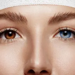 Oczy z heterochromią: jedno brązowe, drugie niebieskie. Delikatna opaska na głowie.