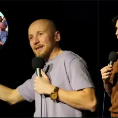 Damian Skóra stand up na scenie, rozbawiając publiczność. W tle widać fragment widowni.