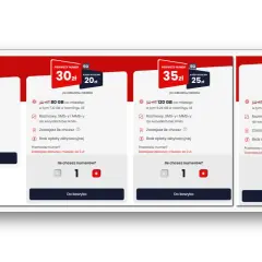 Oferty na kartę: 20 GB za 20 zł, 80 GB za 30 zł, 120 GB za 35 zł, 150 GB za 40 zł. Przenieś numer i graj 500 zł!