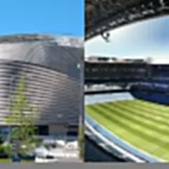 Nowe Santiago Bernabeu w budowie, z nowoczesną fasadą i widokiem na zieloną murawę stadionu.