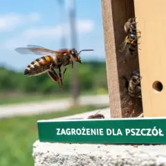 Pszczoła w locie obok domku dla owadów, na którym widnieje napis "Zagrożenie dla pszczół". W domku siedzą inne pszczoły.