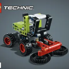 Ein LEGO Technic MOC, ein grüner Traktor mit roten und schwarzen Details, bereit für den Einsatz auf dem Feld.