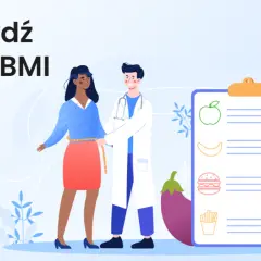 Lekarz mierzy obwód talii pacjentki, by pomóc jej dowiedzieć się, jak obliczyć BMI. Na tablicy lista zdrowej żywności.
