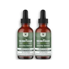 Dos frascos de "The One Healer" con solución de zeolita para desintoxicación familiar. La zeolita es un mineral volcánico natural.