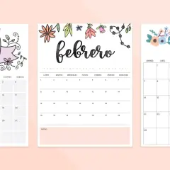 Tres diseños de calendarios para el **calendari febrer**, con decoraciones florales y el nombre del mes en grande.