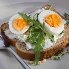 Tartine avec œuf dur conservation température ambiante, fromage frais, roquette et herbes. Une fourchette est à côté.