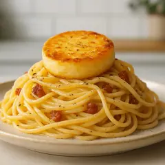 Pyszna carbonara z kawałkiem złocistego sera na wierzchu. Idealny wybór, jaki ser do carbonary? Ten wygląda obłędnie!