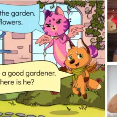 Dibujo animado de gatitos en un jardín, ideal para clases extraescolares en inglés. Un hombre saluda y una niña escucha música.